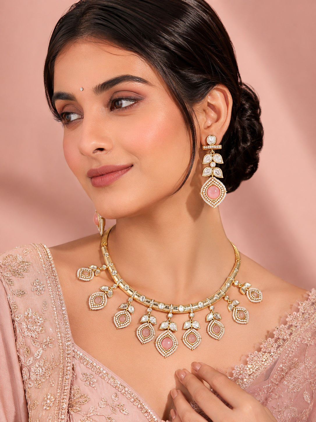 Aanura Peacock Green Kundan Necklace & Earrings Set