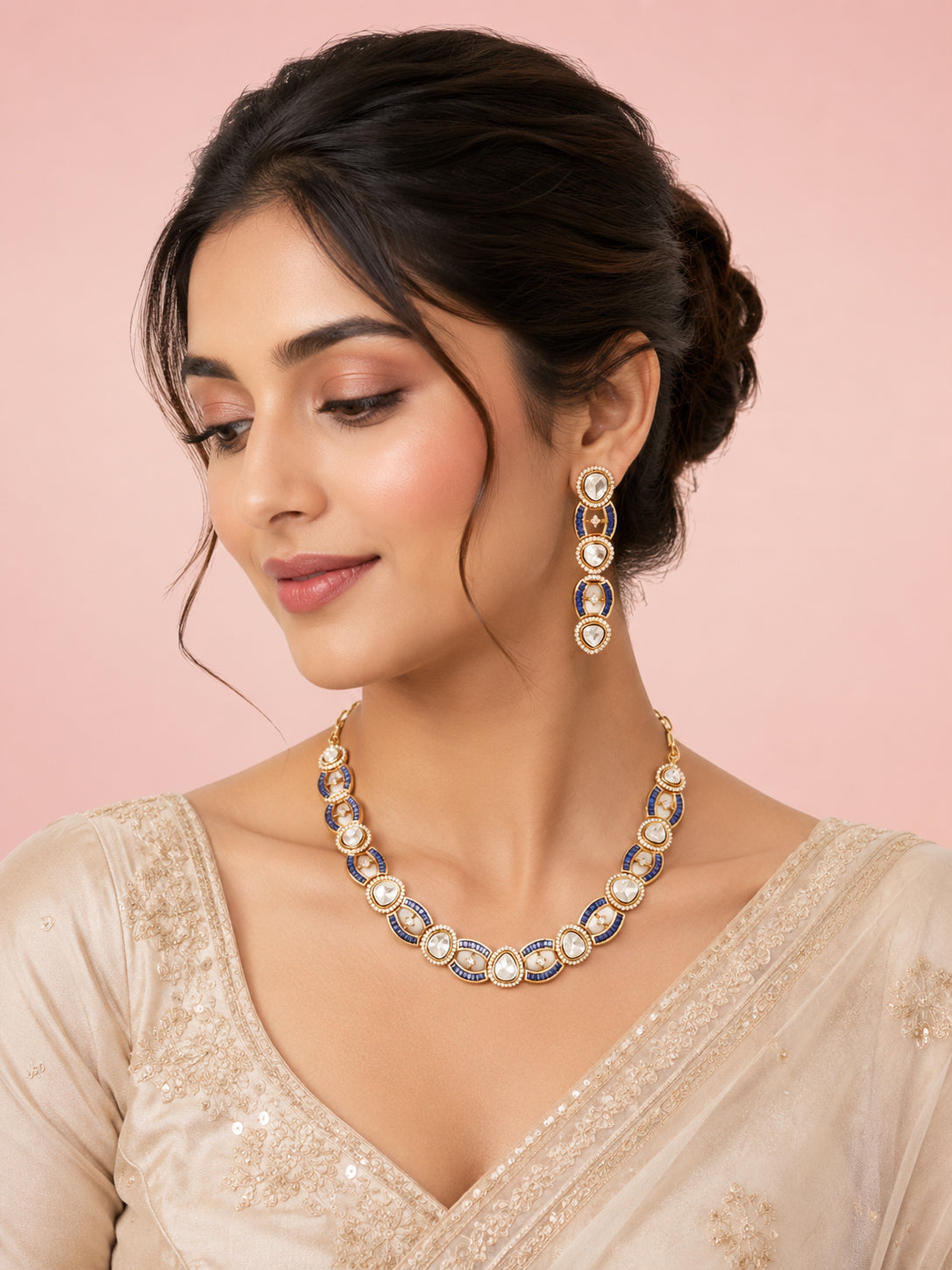 Aanura Oval Kundan Linked Necklace & Earrings