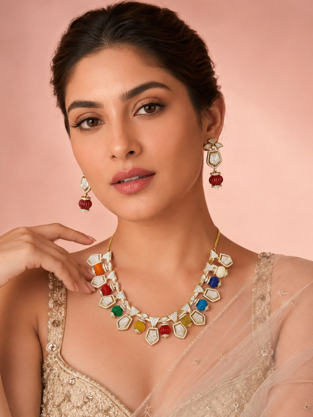 Aanura Gold-Plated Navratna Necklace & Earrings