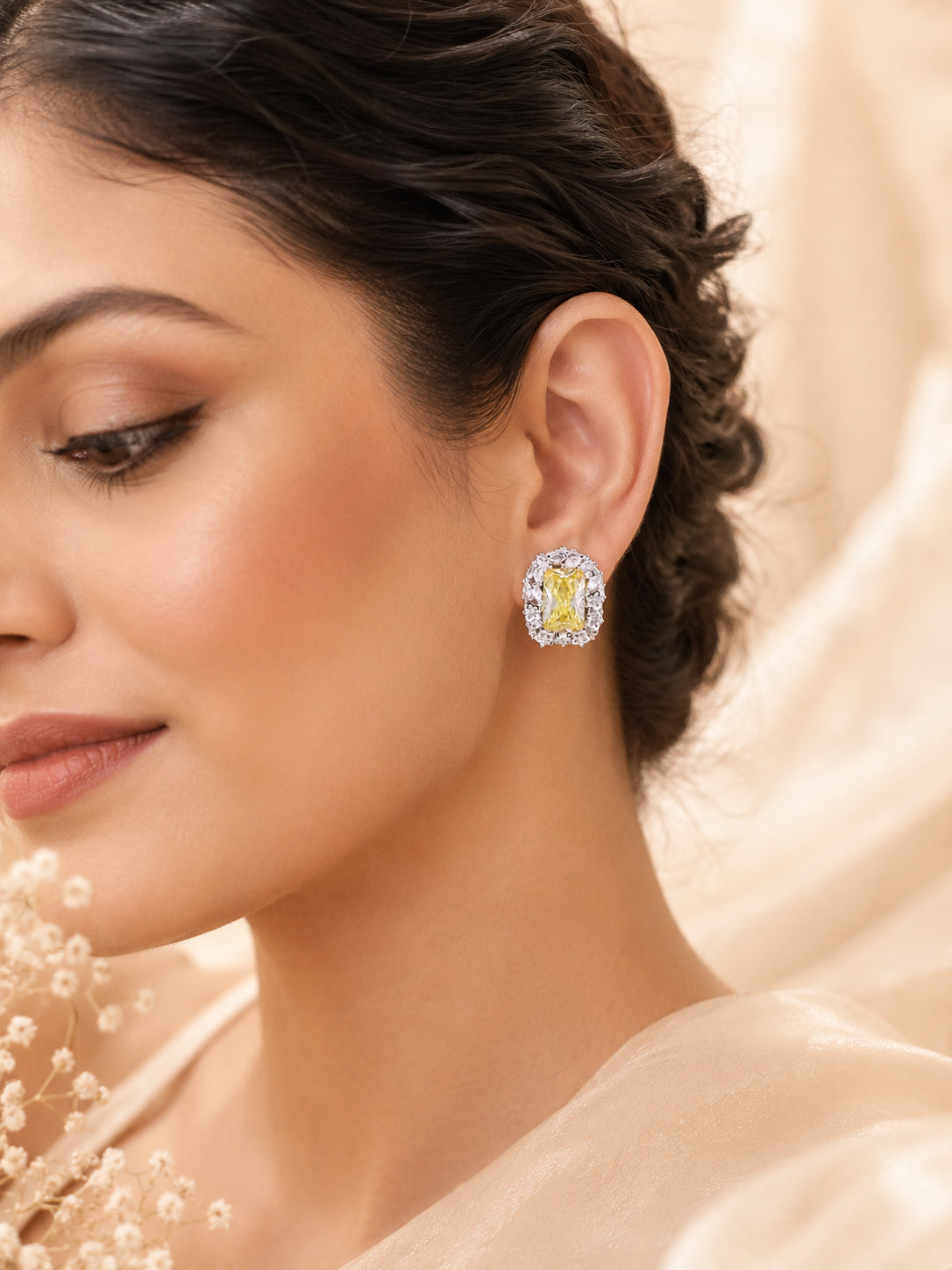 Aanura Yellow Radiant Floral Halo Stud Earrings