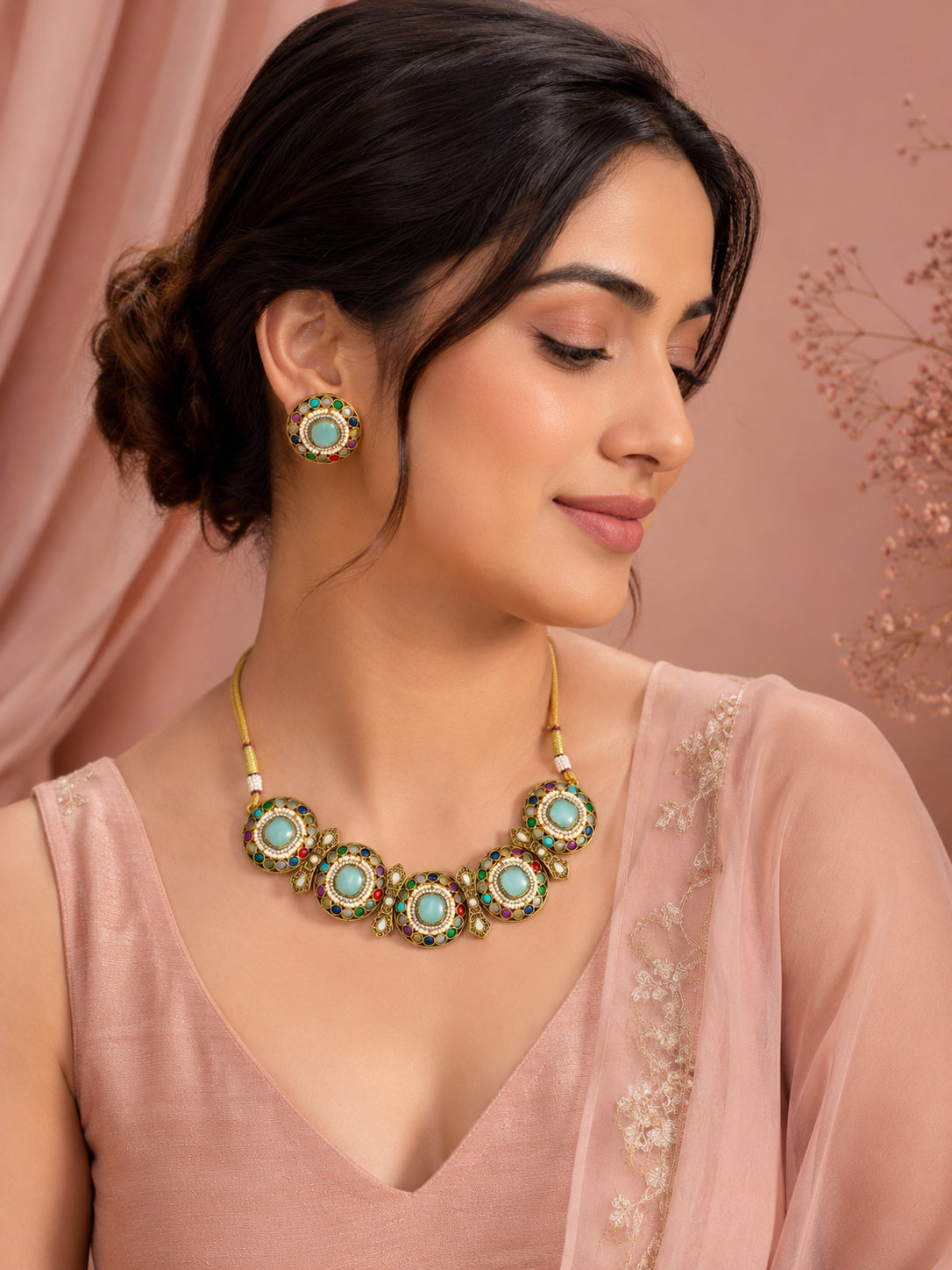 Aanura Navratna Choker Necklace with Green Center Stones