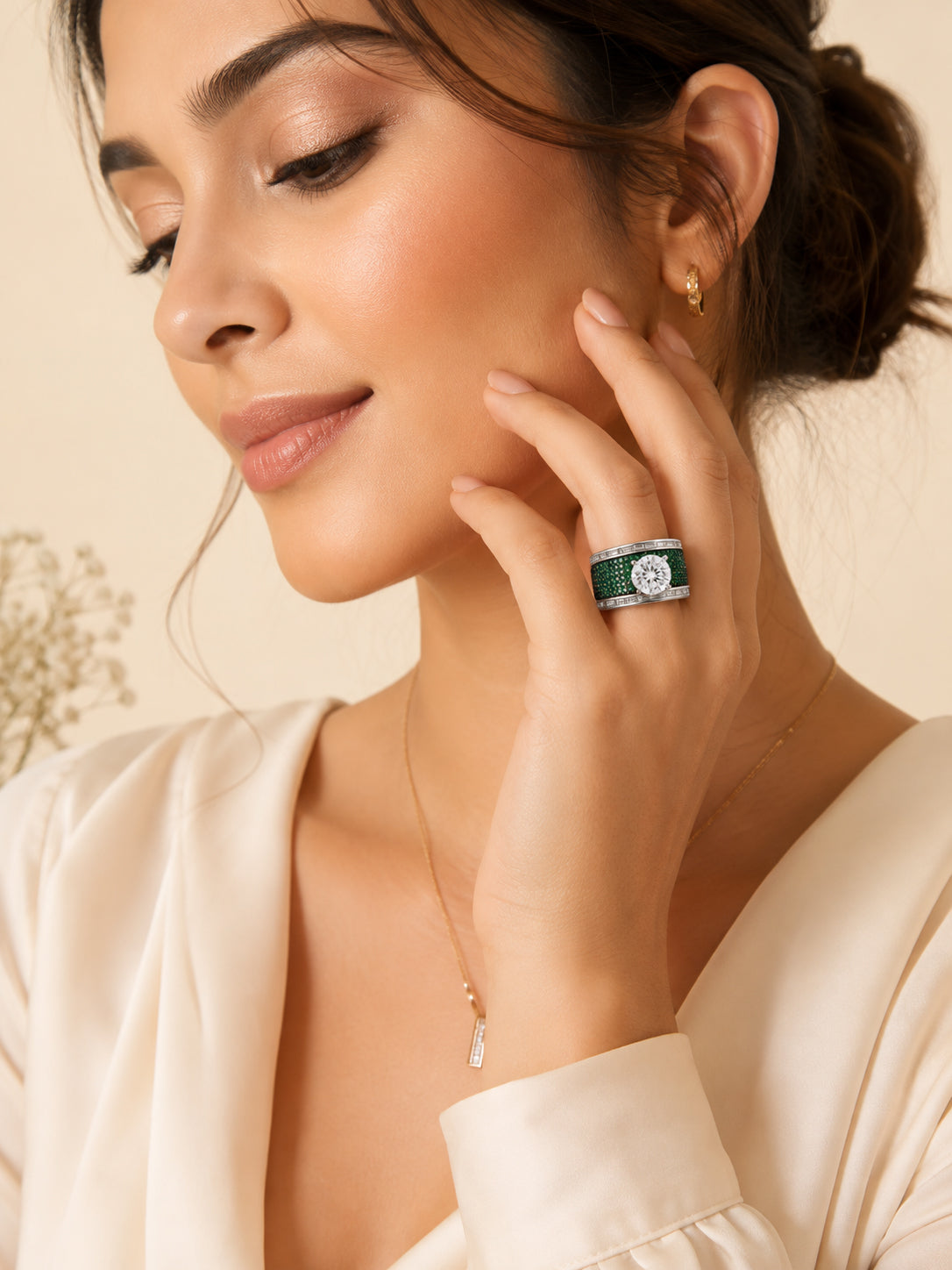 Rhodium Plated Emerald Pavé Anti-Tarnish Waterproof Ring