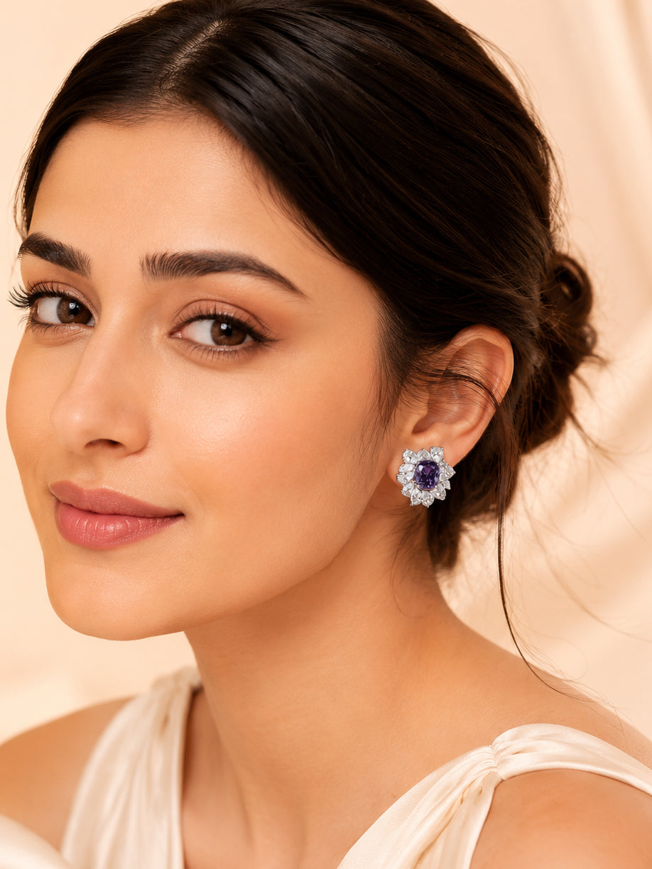 Aanura Red Gemstone Floral Halo Stud Earrings