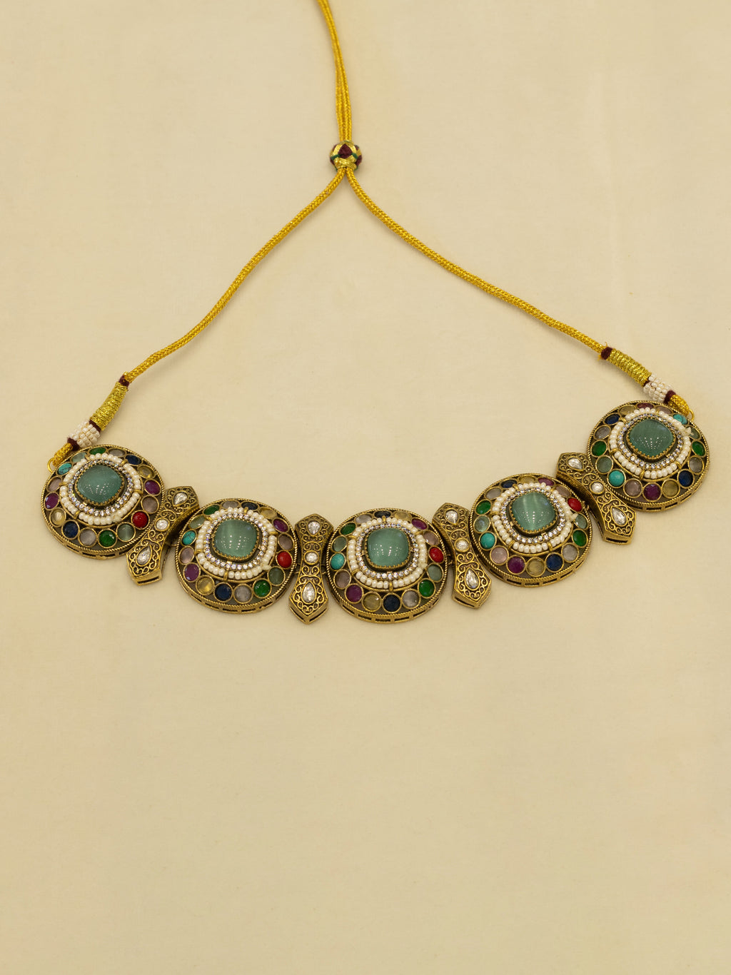 Aanura Navratna Choker Necklace with Green Center Stones