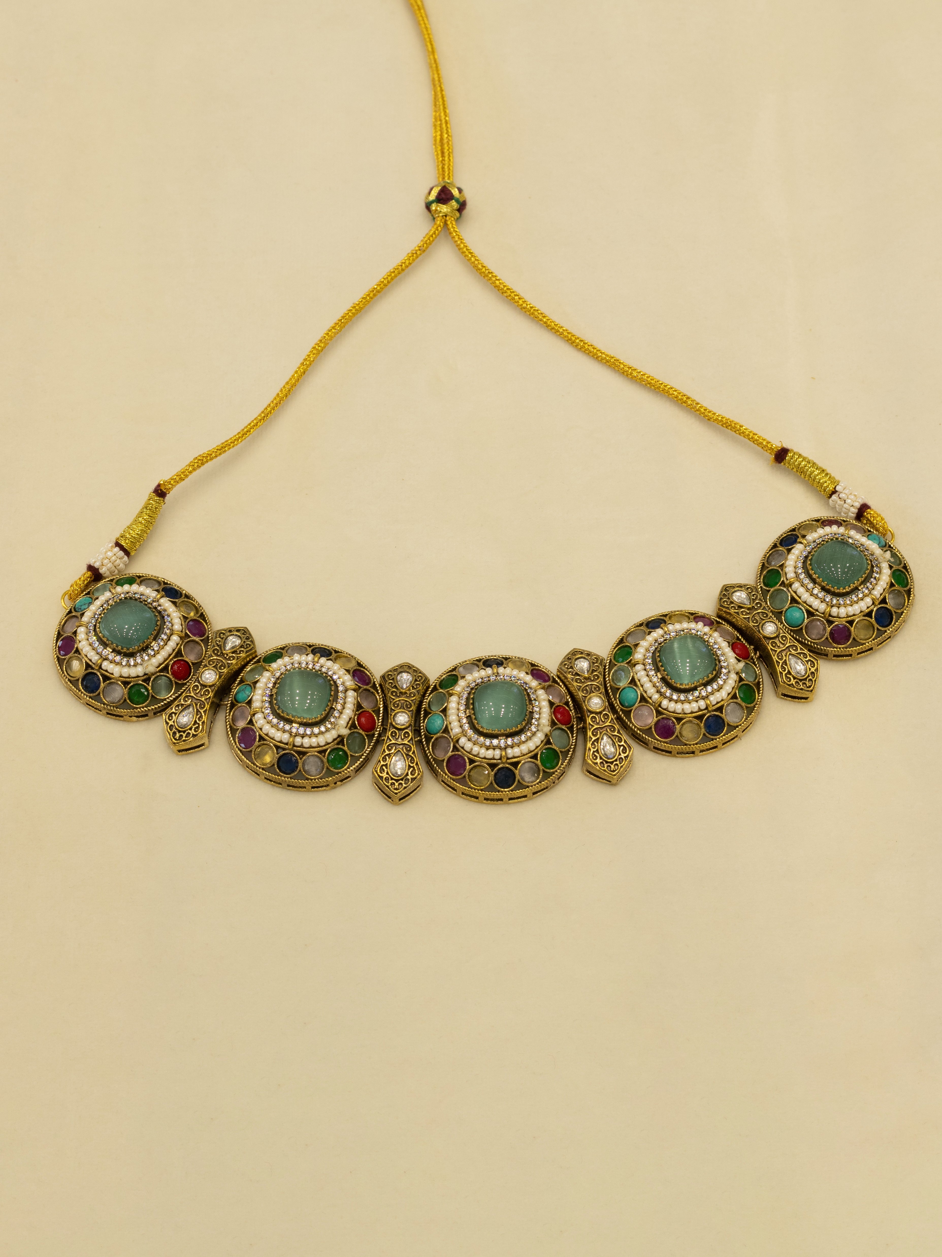 Aanura Navratna Choker Necklace with Green Center Stones