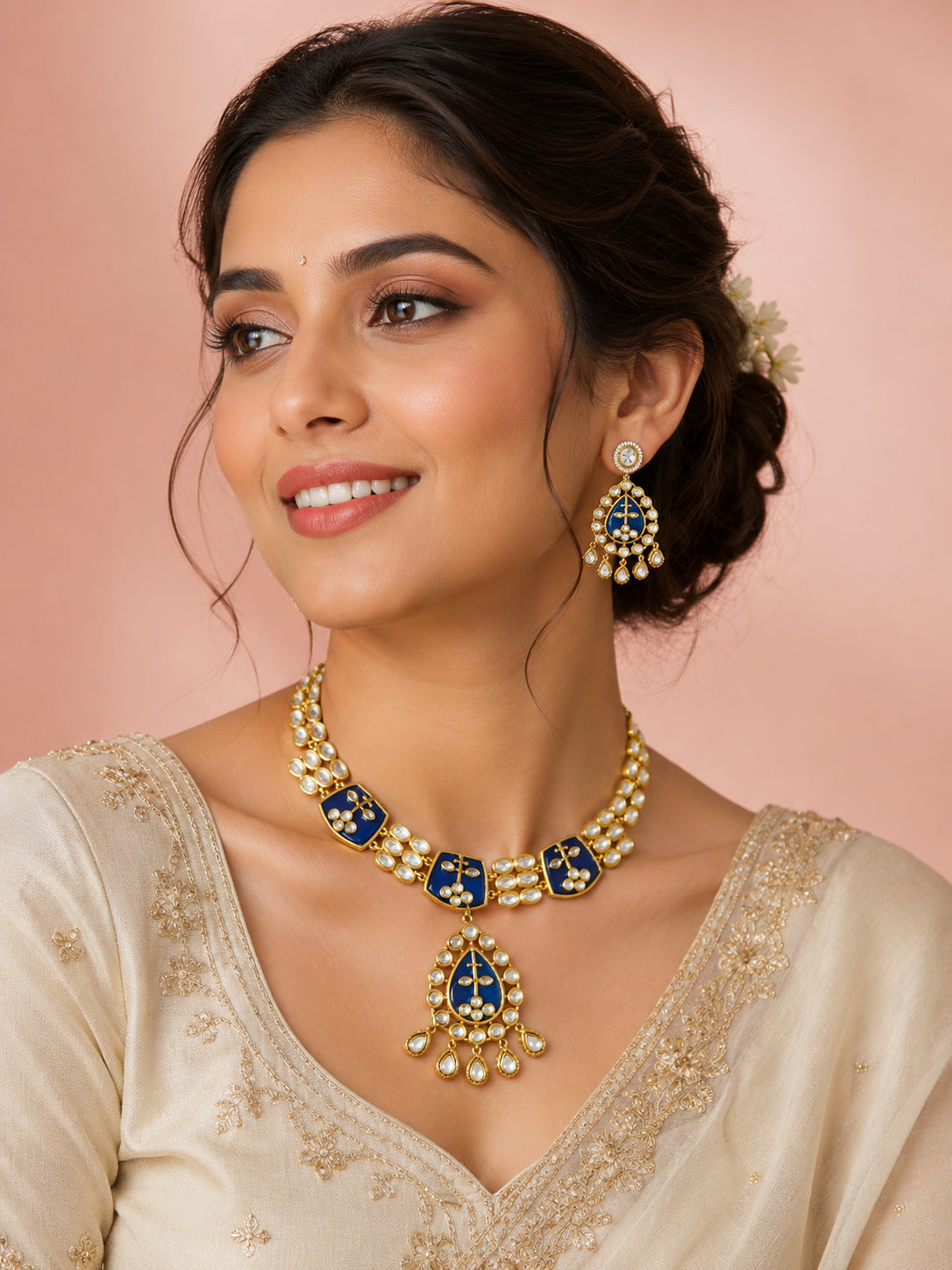Aanura Green Kundan Pendant Necklace & Earrings Set