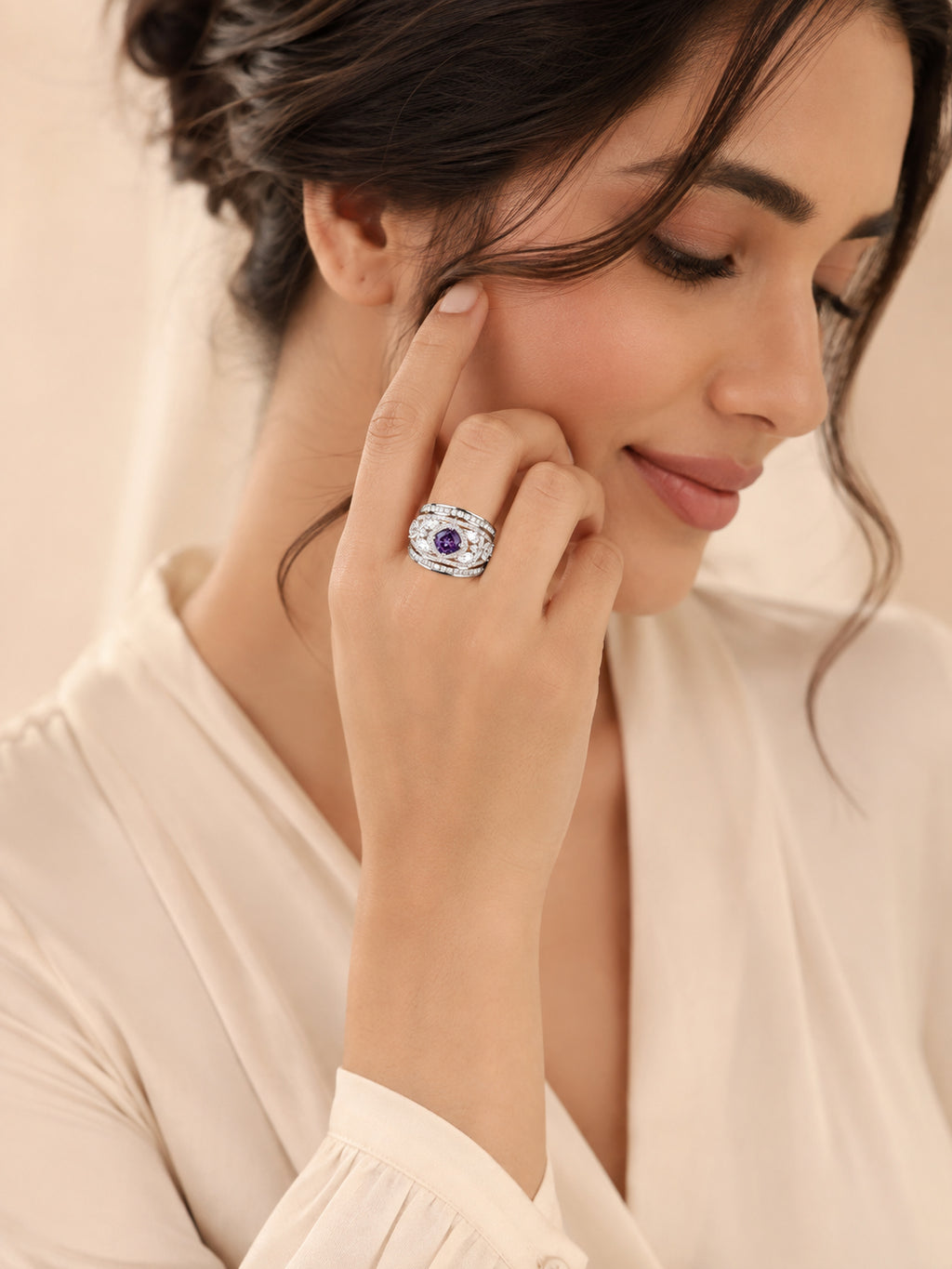 Rhodium Plated Multi Crystal Anti-Tarnish Waterproof Ring