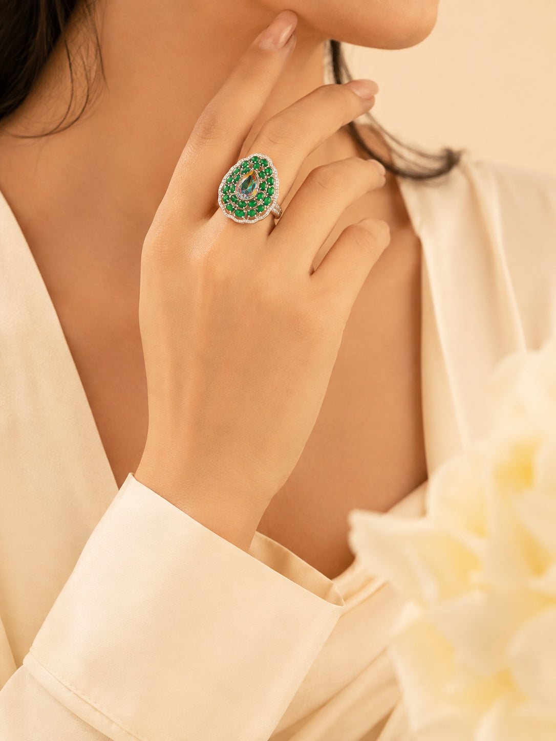 Rhodium Plated Iridescent Halo Anti-Tarnish Waterproof Ring