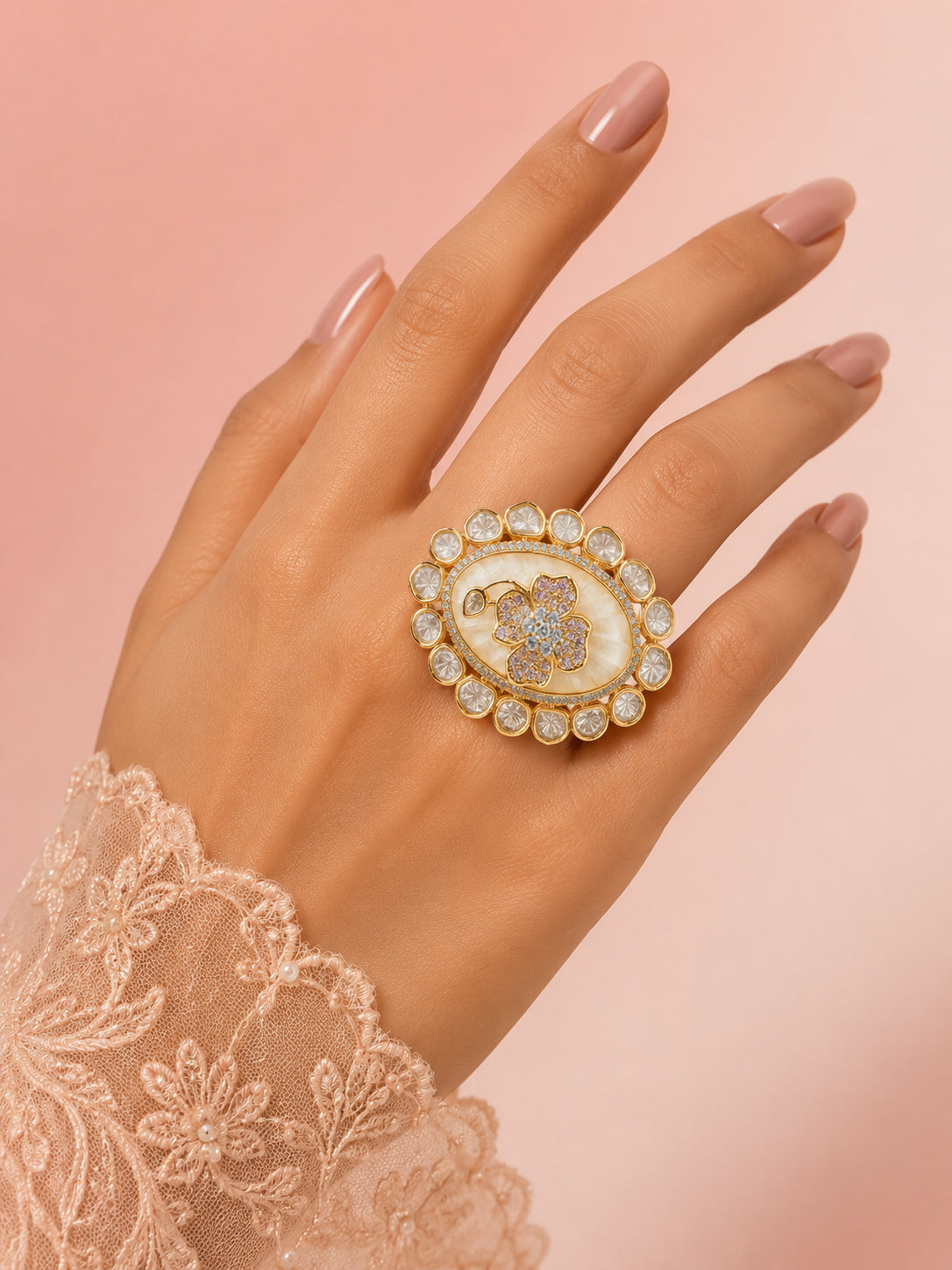Aanura Gold-Plated Floral Oval Ring with Stones