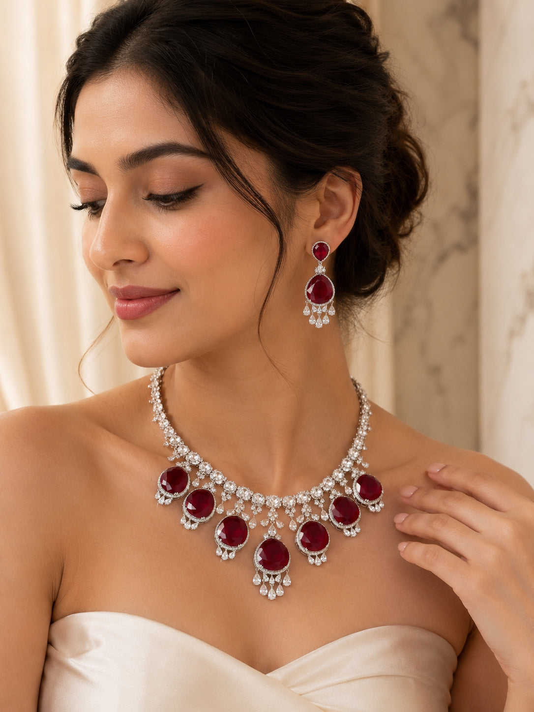 Aanura Royal Purple Crystal Drop Necklace Set Stainless