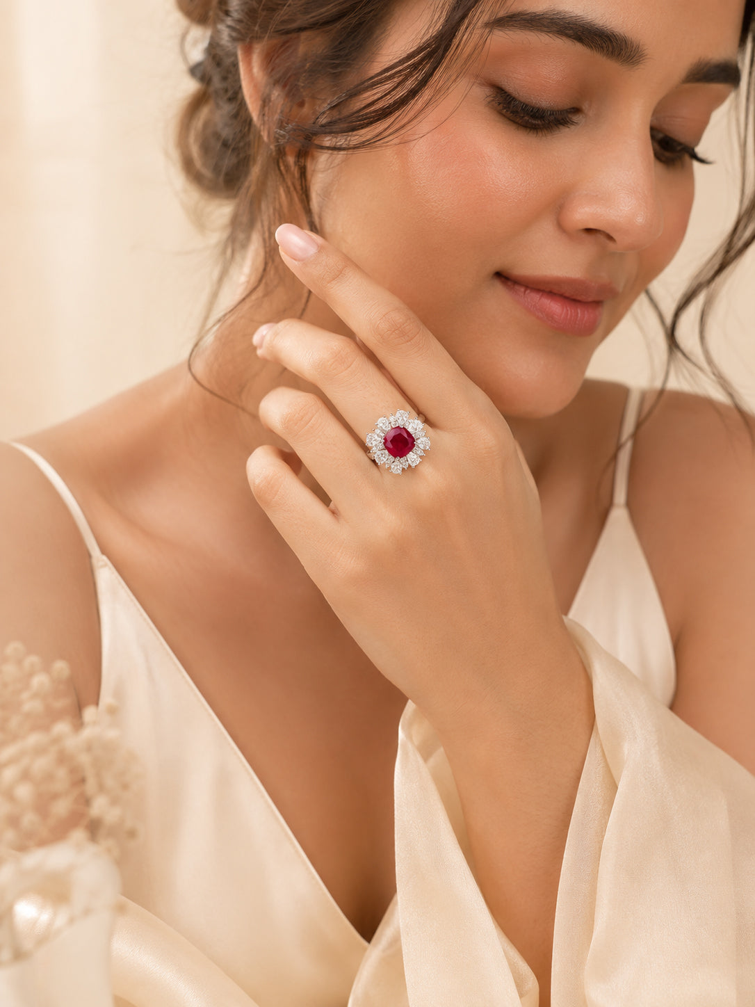 Rhodium Plated Red Cushion Anti-Tarnish Waterproof Ring