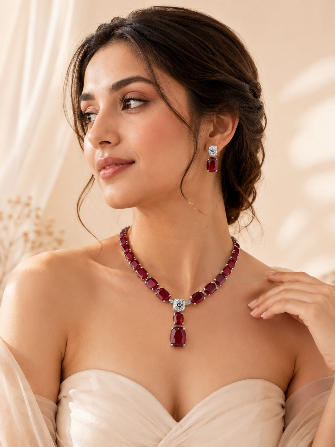 Aanura Deep Red Drop Crystal Necklace Set Stainless Steel