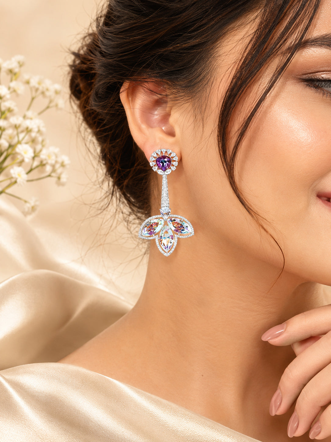 Aanura Iridescent & CZ Floral Dangle Earrings