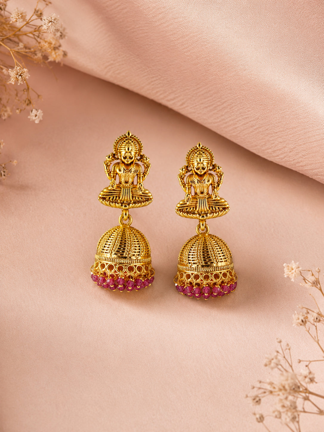 Aanura Temple Earrings with Red Stone Drop