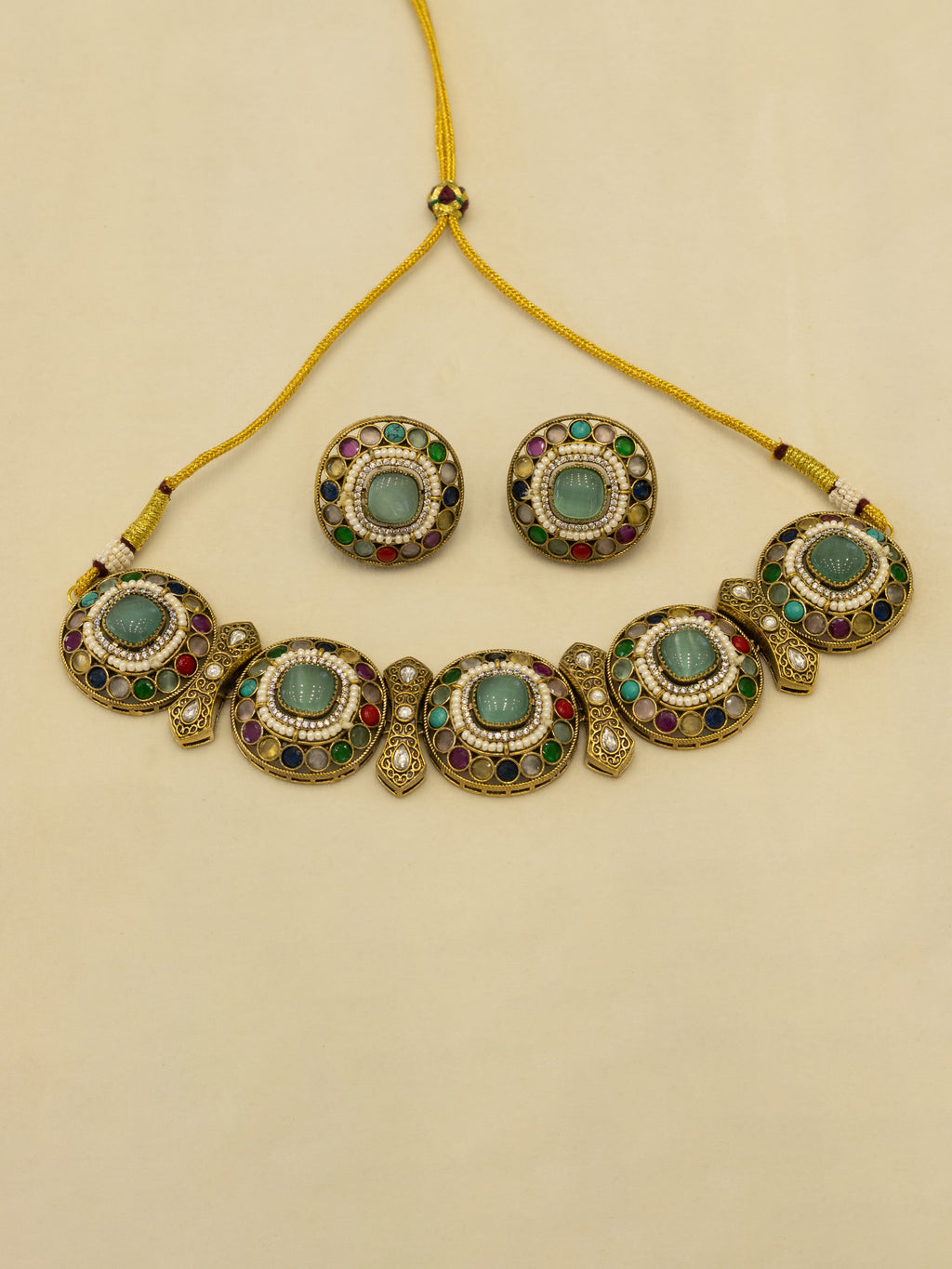 Aanura Navratna Choker Necklace with Green Center Stones