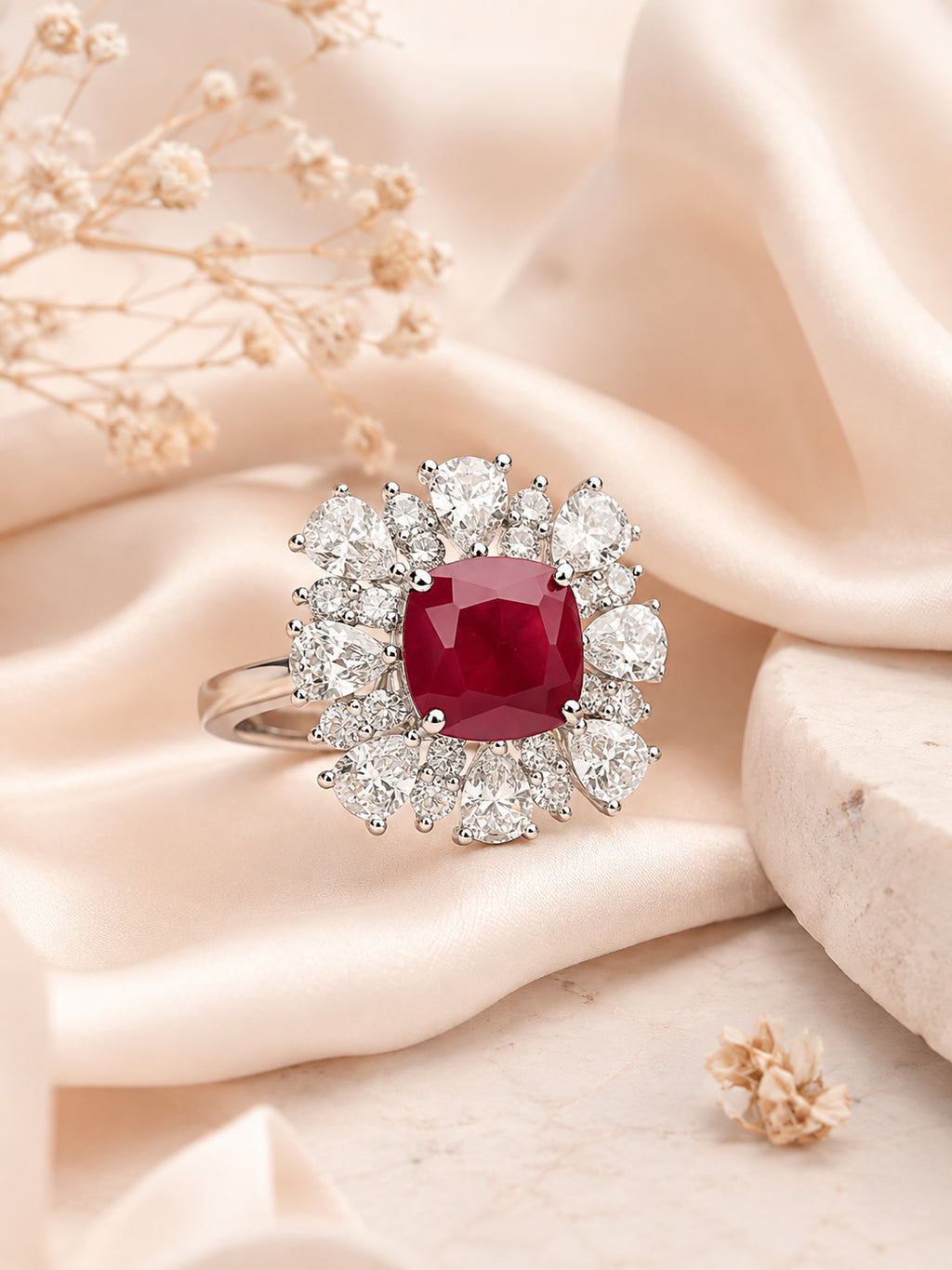 Rhodium Plated Red Cushion Anti-Tarnish Waterproof Ring