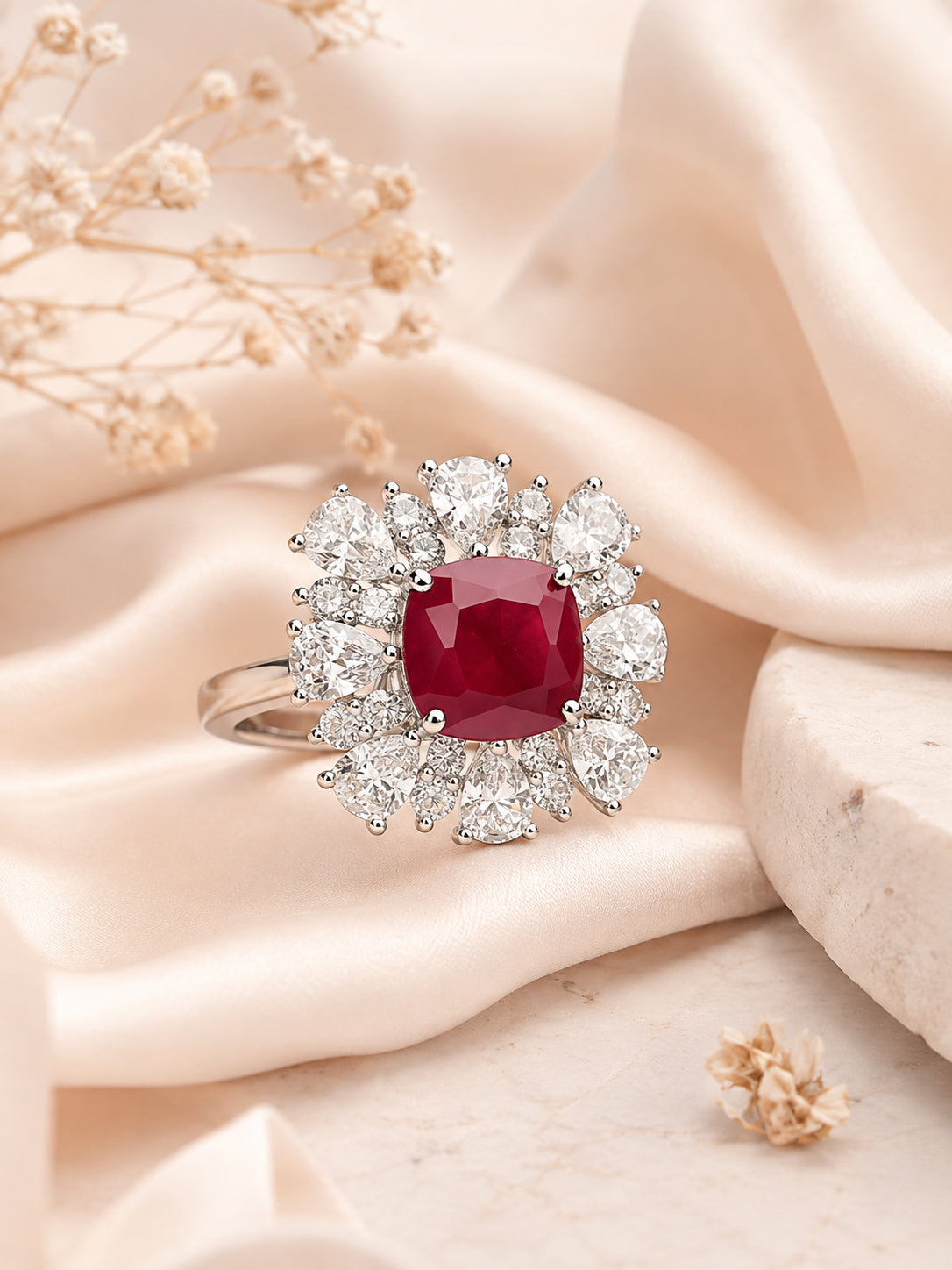 Rhodium Plated Red Cushion Anti-Tarnish Waterproof Ring