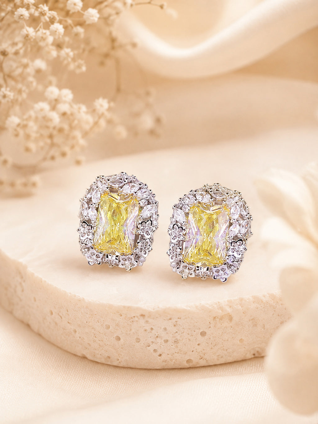 Aanura Yellow Radiant Floral Halo Stud Earrings
