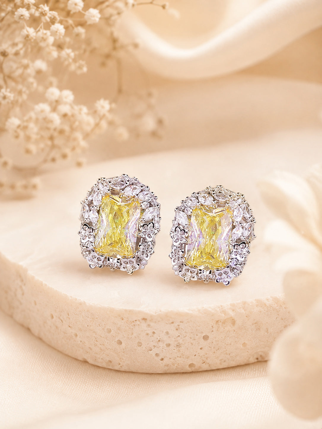 Aanura Yellow Radiant Floral Halo Stud Earrings