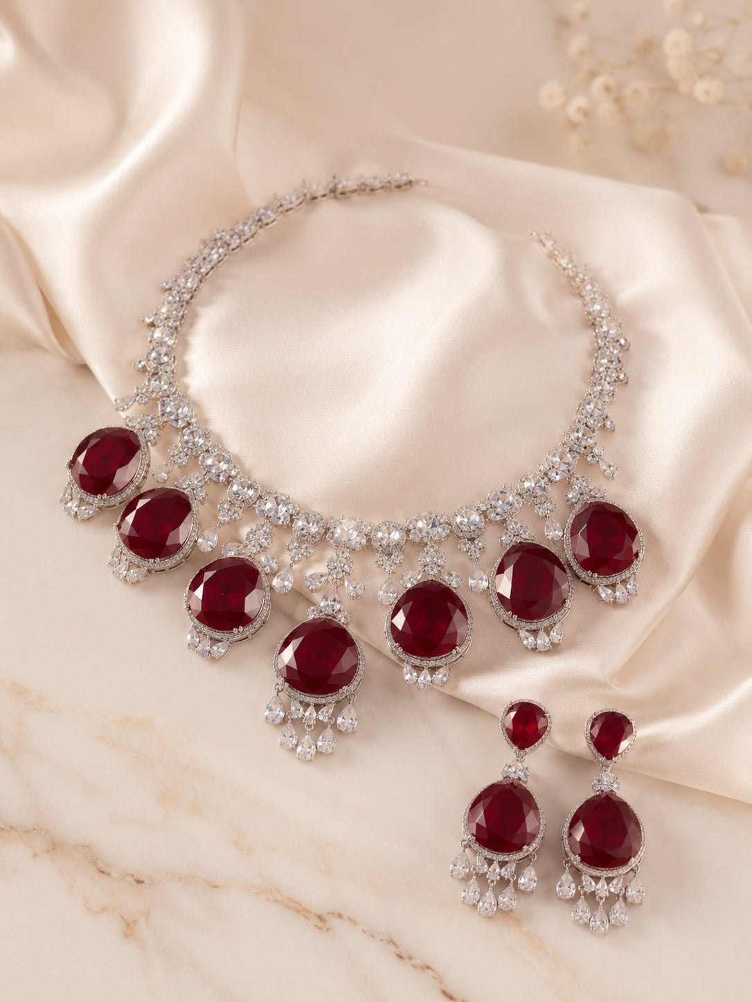 Aanura Royal Purple Crystal Drop Necklace Set Stainless