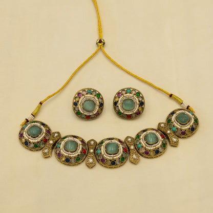 Aanura Navratna Choker Necklace with Green Center Stones