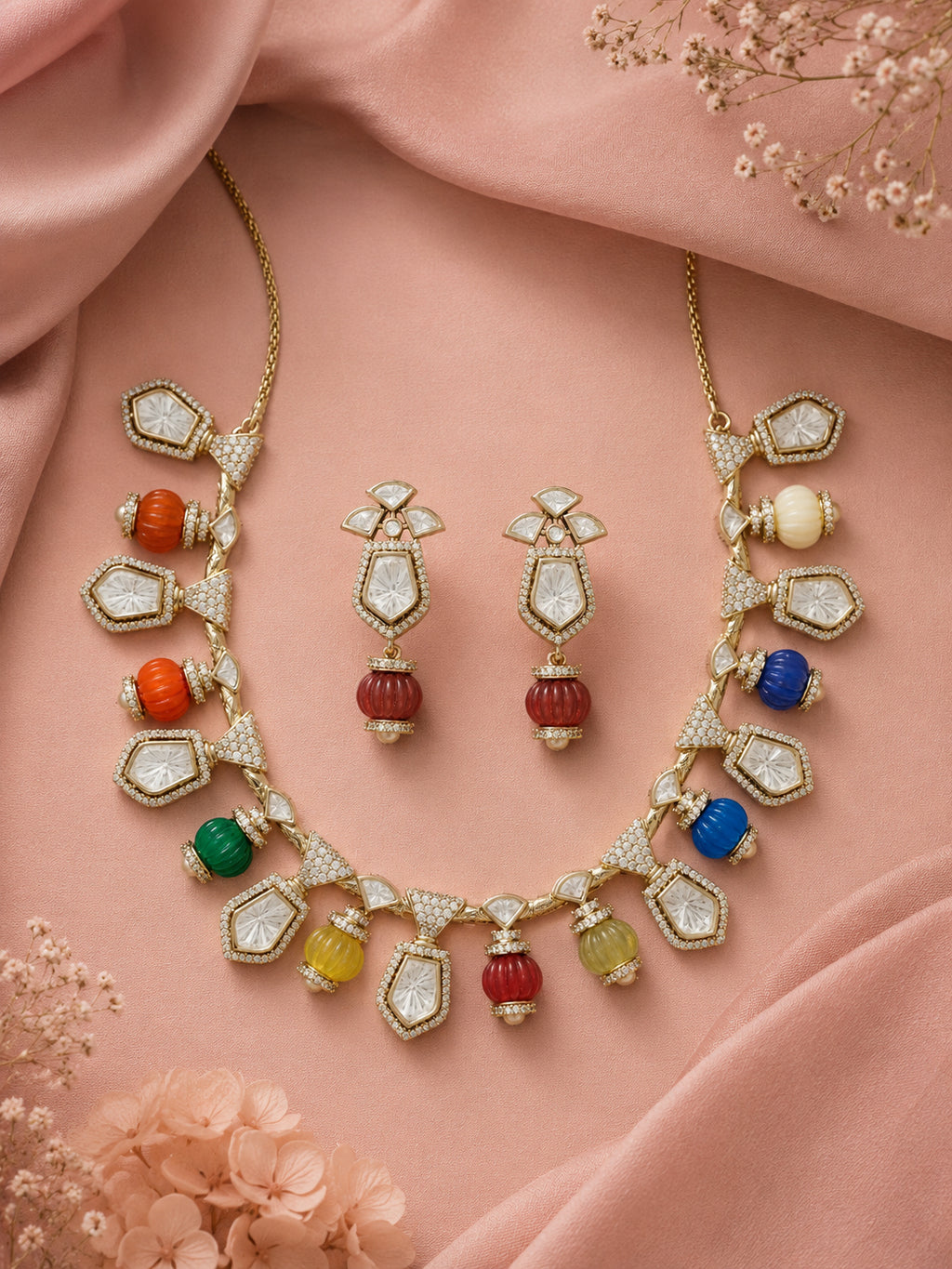 Aanura Gold-Plated Navratna Necklace & Earrings