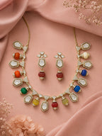 Aanura Gold-Plated Navratna Necklace & Earrings