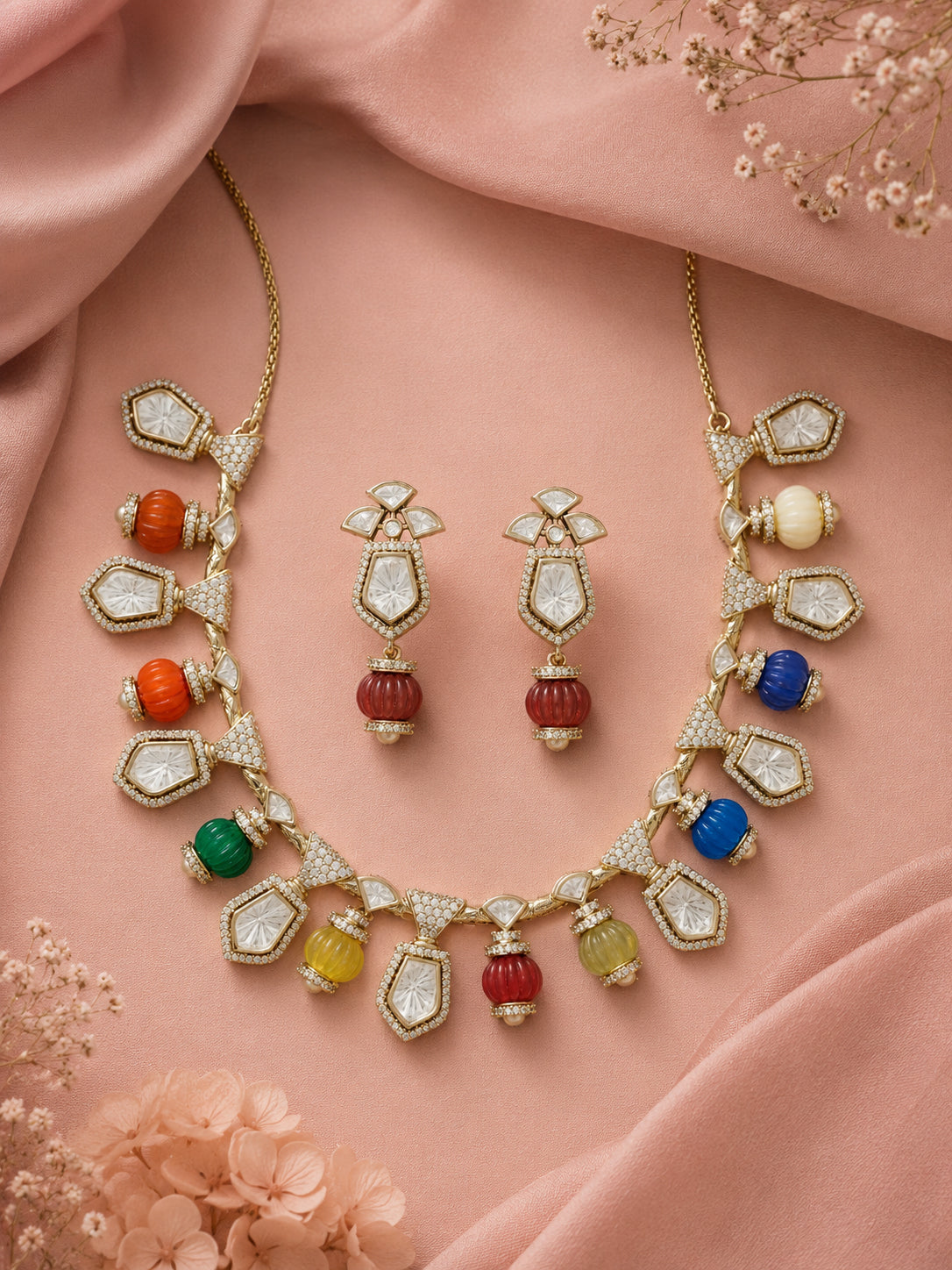 Aanura Gold-Plated Navratna Necklace & Earrings