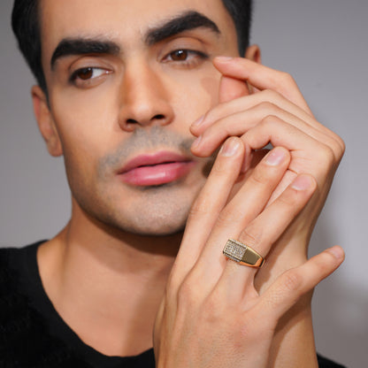 Aanura Gold-Plated Crystal Grid Ring For Men's