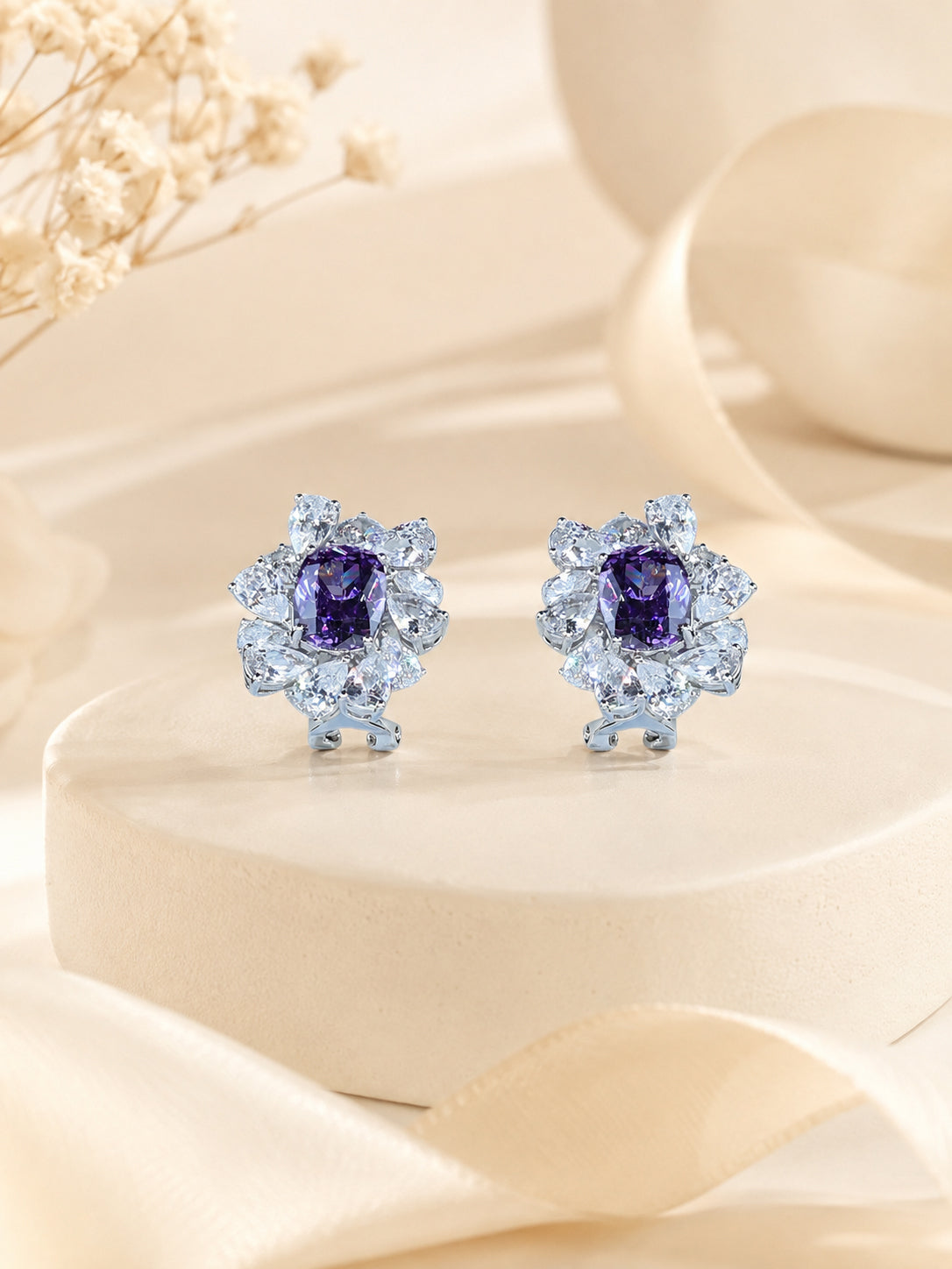 Aanura Red Gemstone Floral Halo Stud Earrings