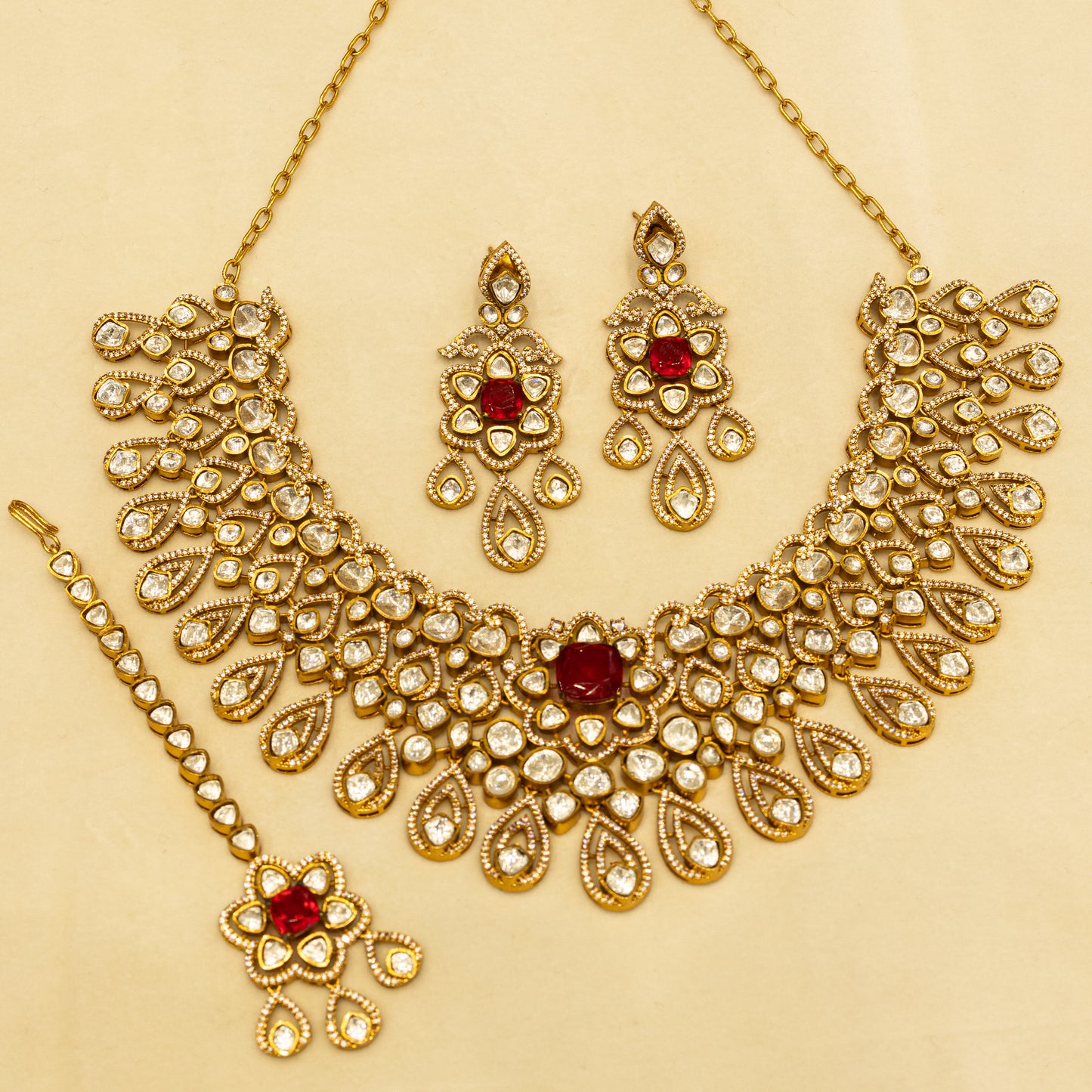 Aanura Bridal Emerald Kundan Necklace with Tikka Set