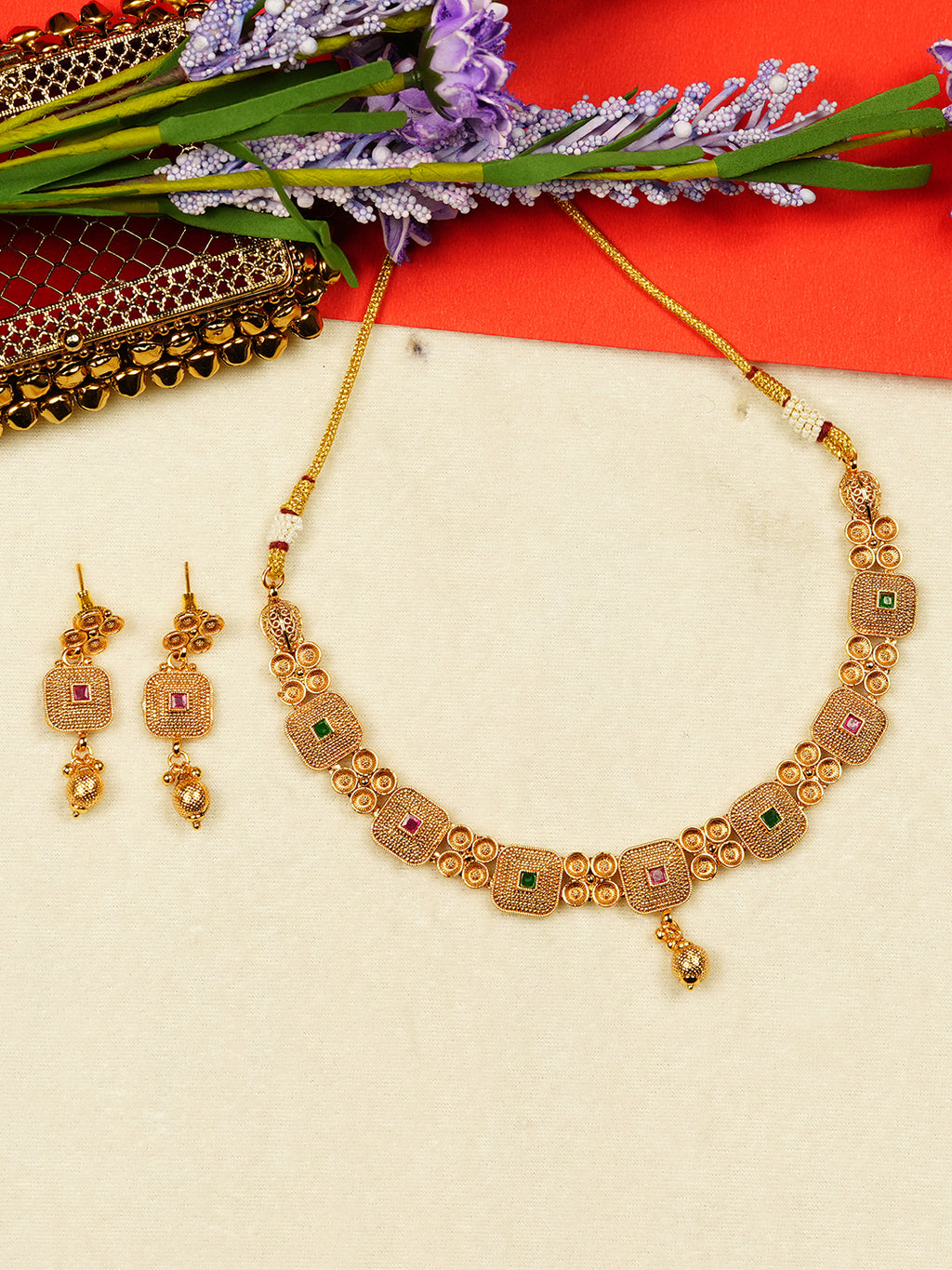 Aanura Gold Plated Ruby Grid Necklace Set