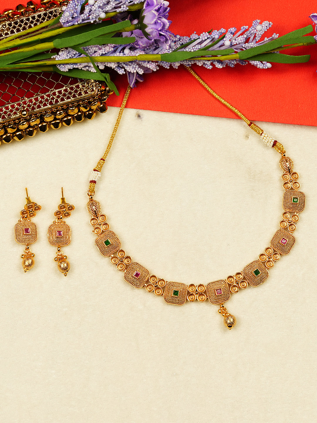 Aanura Gold Plated Ruby Grid Necklace Set