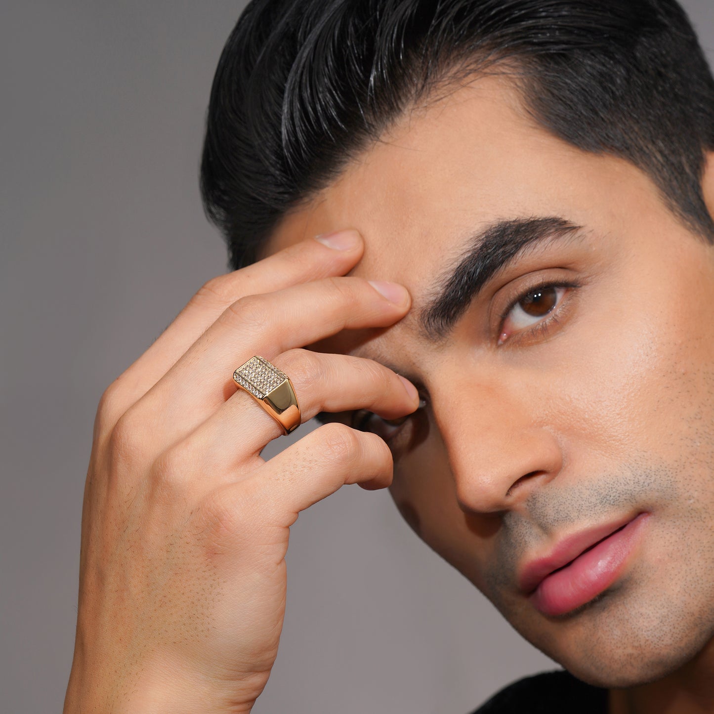 Aanura Gold-Plated Crystal Grid Ring For Men's