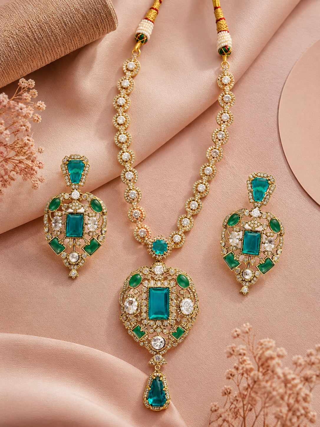 Aanura Red Stone Antique Kundan Necklace & Earrings