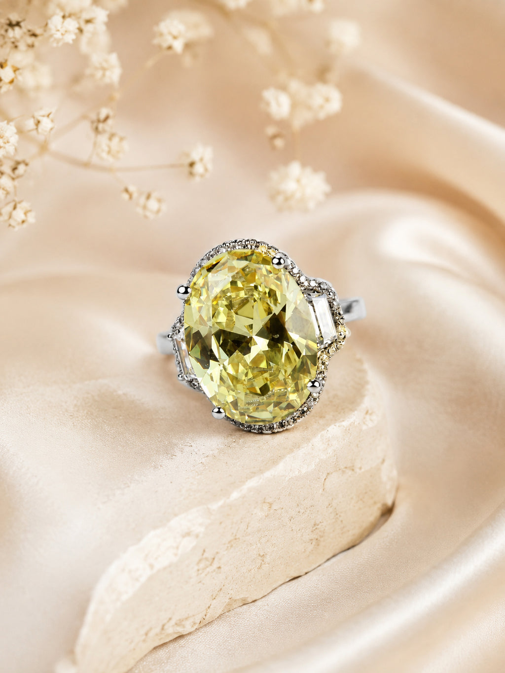 Rhodium Plated Vintage Yellow Gem Anti-Tarnish Waterproof Ring