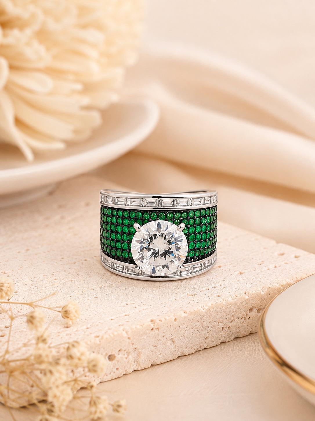 Rhodium Plated Emerald Pavé Anti-Tarnish Waterproof Ring