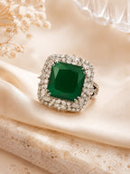 Rhodium Plated Emerald Cocktail Anti-Tarnish Waterproof Ring