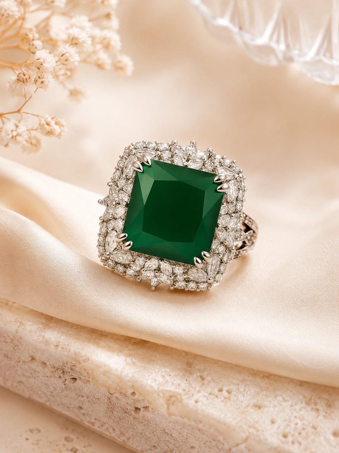 Rhodium Plated Emerald Cocktail Anti-Tarnish Waterproof Ring