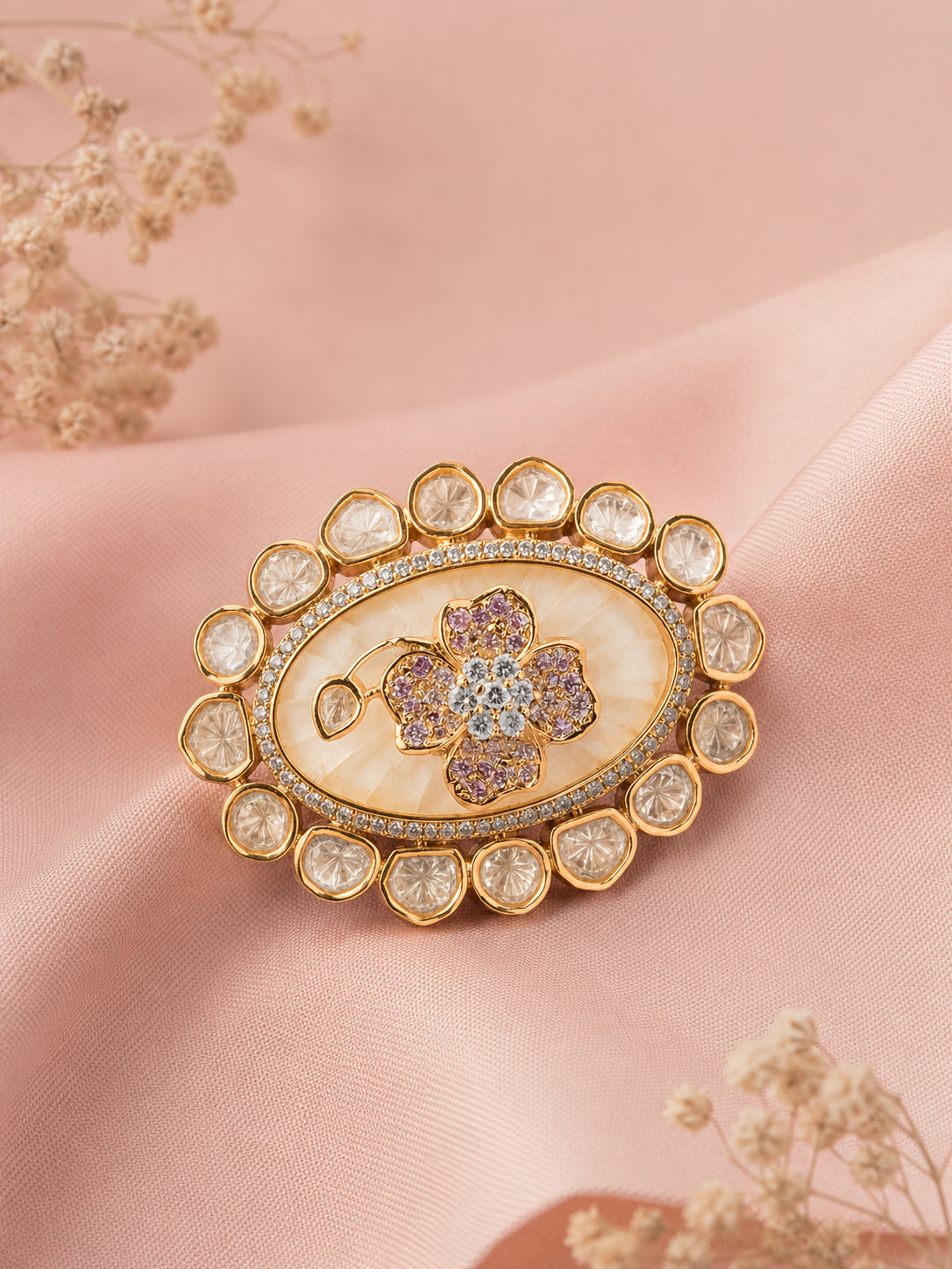Aanura Gold-Plated Floral Oval Ring with Stones