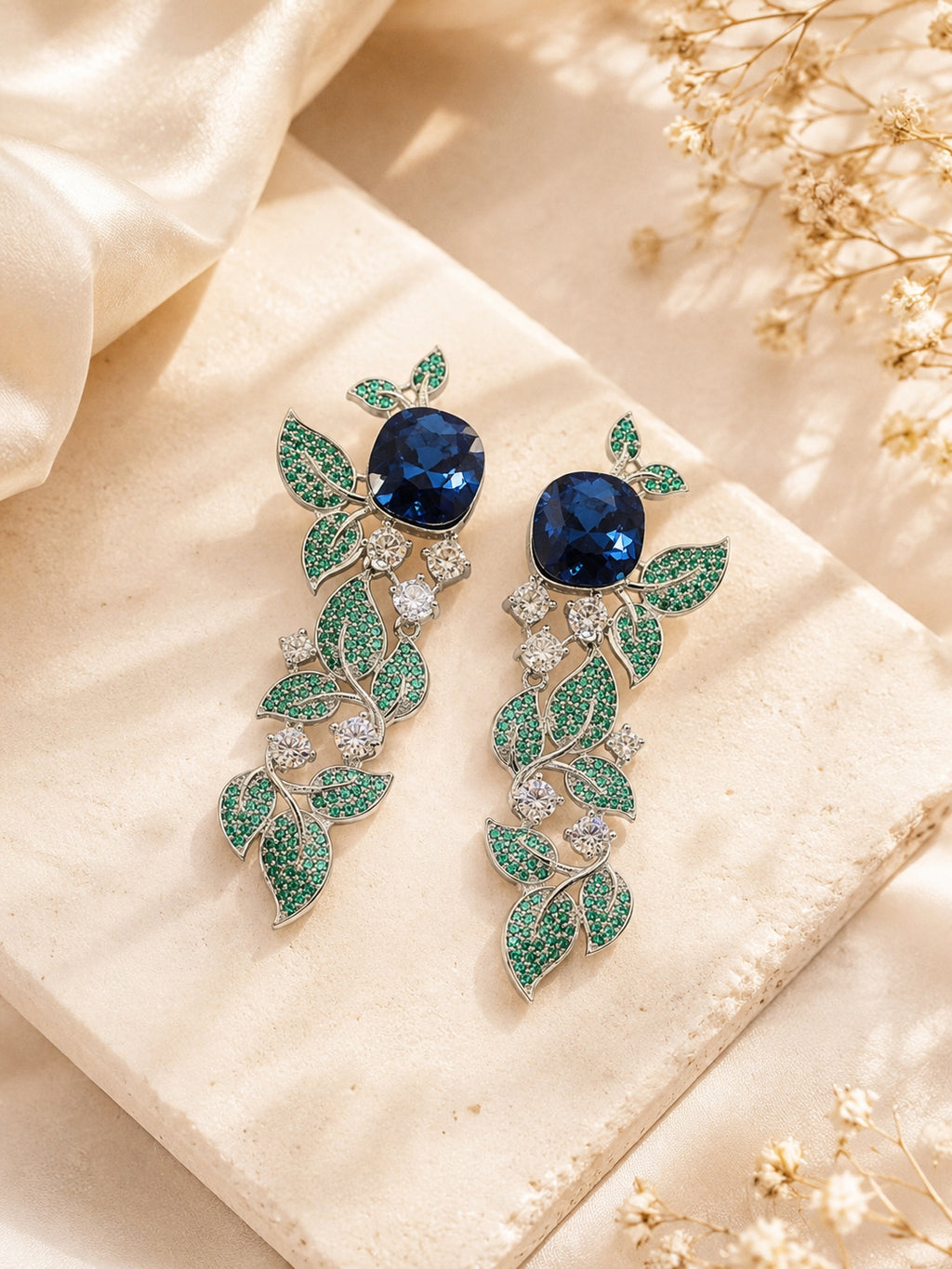 Aanura Blue Sapphire Leaf Cascade Earrings