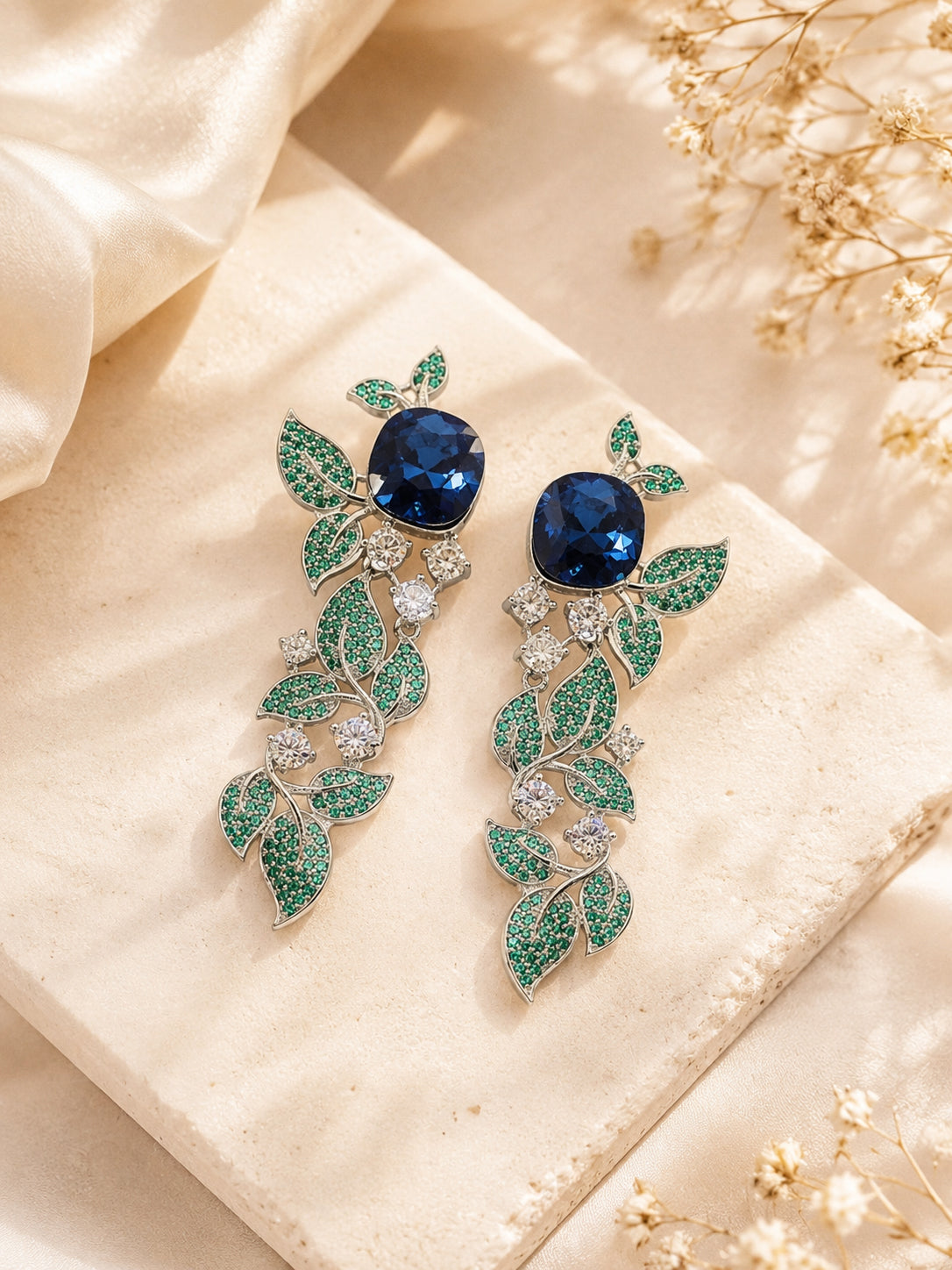 Aanura Blue Sapphire Leaf Cascade Earrings
