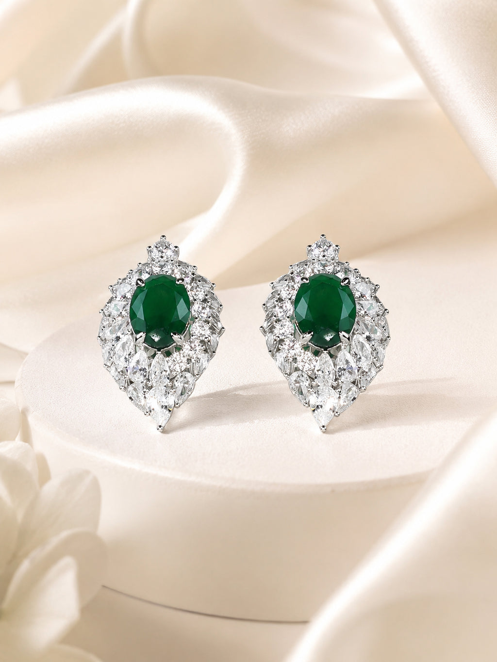 Aanura Red Oval Gemstone Pear Halo Stud Earrings