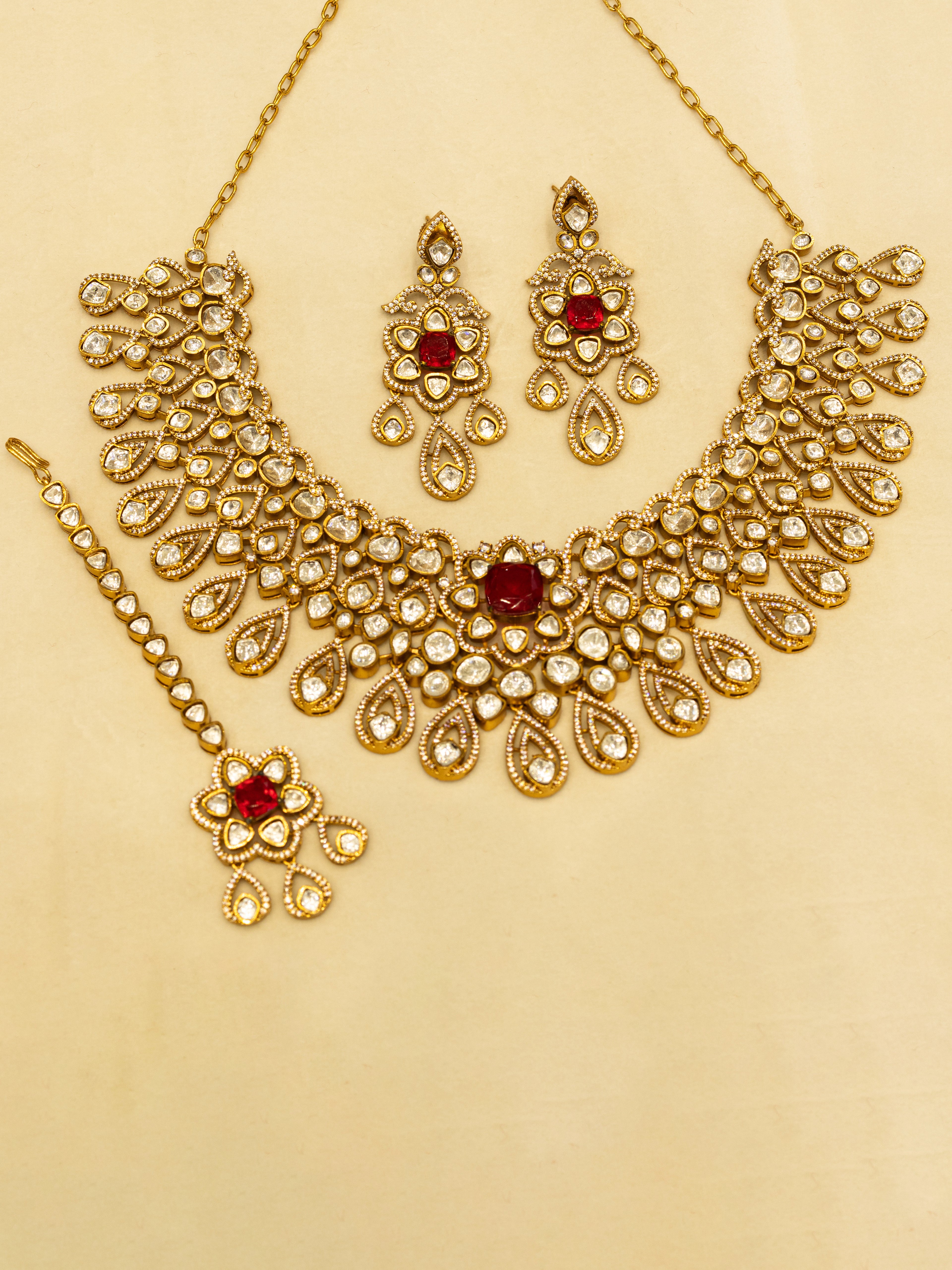 Aanura Bridal Emerald Kundan Necklace with Tikka Set