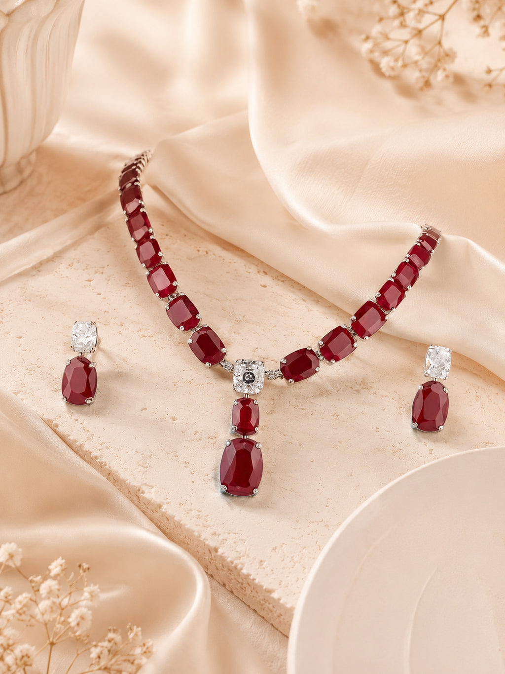 Aanura Deep Red Drop Crystal Necklace Set Stainless Steel