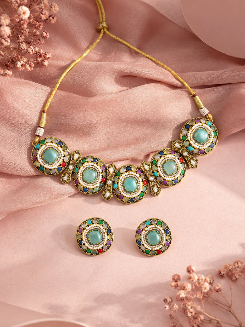 Aanura Navratna Choker Necklace with Green Center Stones