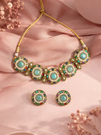 Aanura Navratna Choker Necklace with Green Center Stones