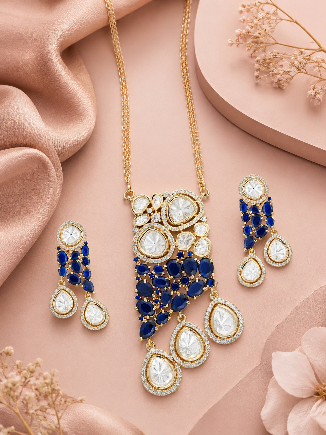Aanura Ruby & Kundan Long Pendant Necklace Set with Earrings