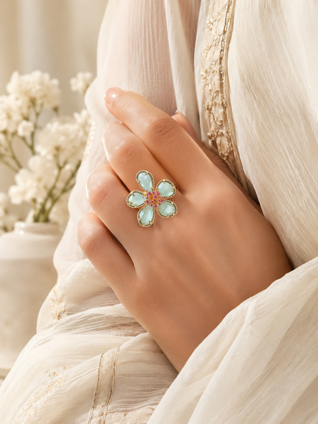Emerald Flower Statement Ring for Women