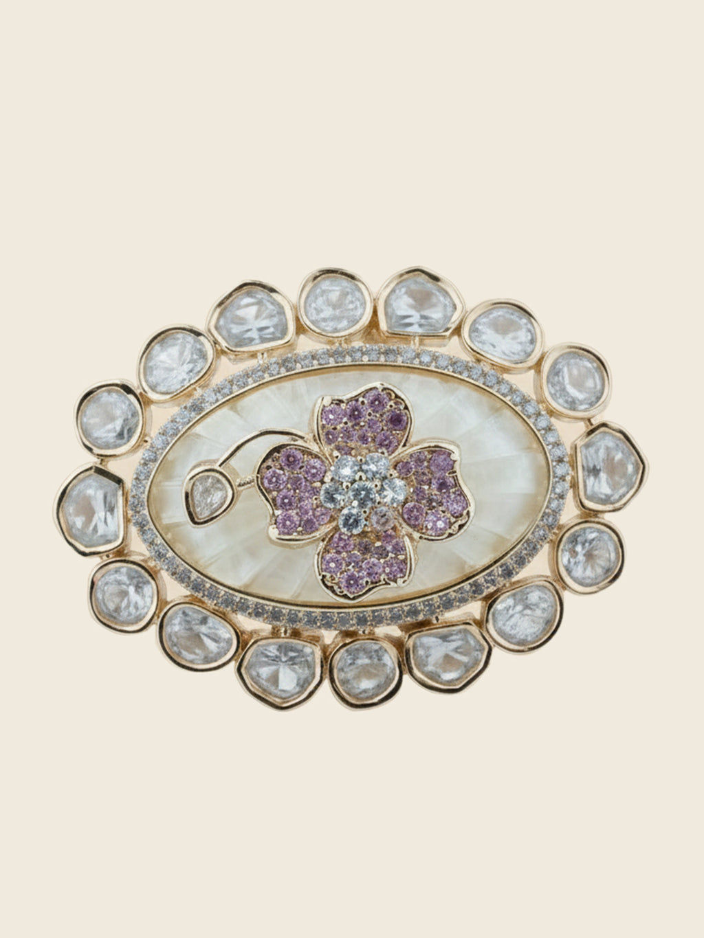 Aanura Gold-Plated Floral Oval Ring with Stones